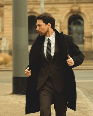Dark Overcoat with Brown Suit