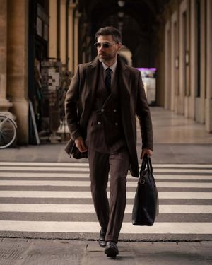 Brown Wool Overcoat with Pinstripe Three-Piece Suit