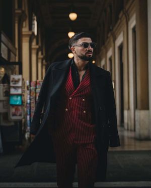 Black Overcoat with Burgundy Pinstripe Suit