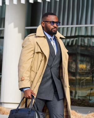 Beige Trench Coat with Charcoal Pinstripe Suit