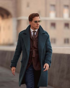 Teal Wool Overcoat with Blue Pants
