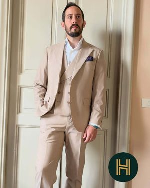 Beige Three-Piece Suit with White Shirt