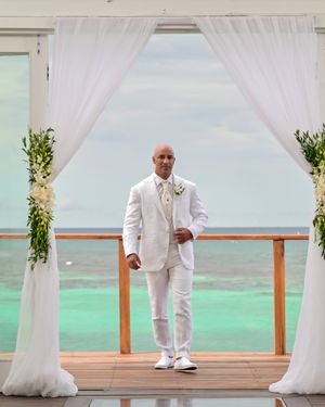 White Linen Wedding Suit with White Shoes