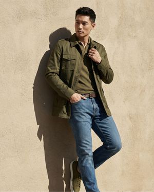Olive Green Field Jacket with Blue Jeans