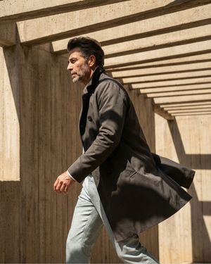 Charcoal Trench Coat with Light Grey Trousers
