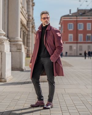 Burgundy Overcoat with Black Turtleneck and Burgundy Boots