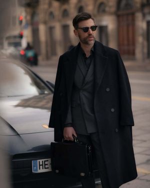 Black Overcoat with Charcoal Three-Piece Suit