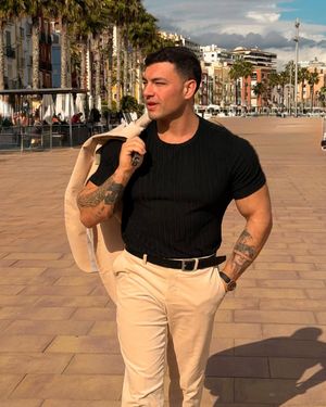 Black T-Shirt with Beige Trousers