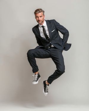 Pinstripe Suit with Sneakers