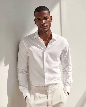 White Shirt with Beige Trousers