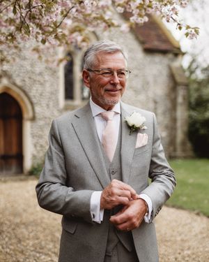 Light Grey Three-Piece Suit with Pale Pink Tie