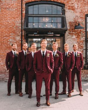 Groomsmen Burgundy Suit with Black Tie