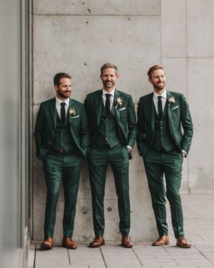 Groomsmen Green Three-Piece Suit with Black Tie