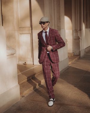 Burgundy Checked Suit with Burgundy Tie