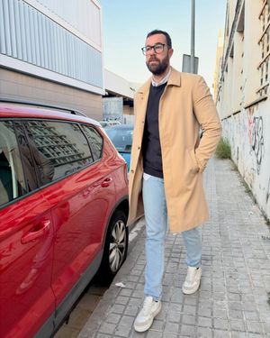 Beige Overcoat with Sweater and Jeans