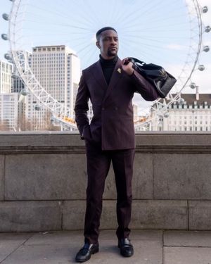 Burgundy Pinstripe Suit with Black Turtleneck