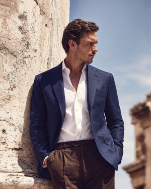 blue-blazer-brown-trousers