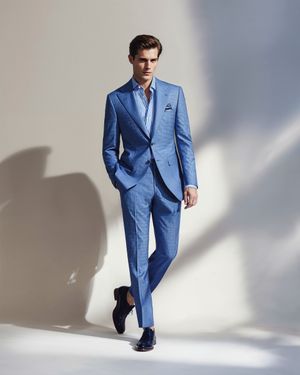 Blue Suit with Striped Shirt and Pocket Square