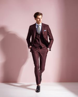 Burgundy Three-Piece Suit with Striped Shirt