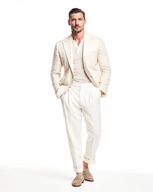 Beige Linen Blazer with White Trousers and Polo Shirt