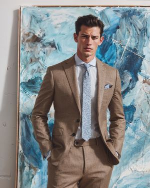 Brown Suit with Striped Shirt and Blue Tie