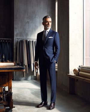 Navy Business Suit with White Pocket Square
