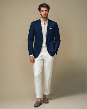 Navy Blazer with White Trousers and White Shirt