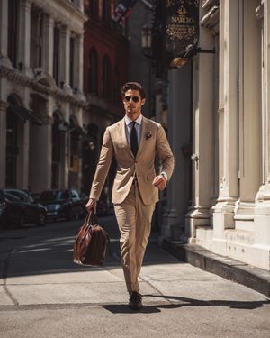 Beige Business Suit with Dark Tie and Sunglasses