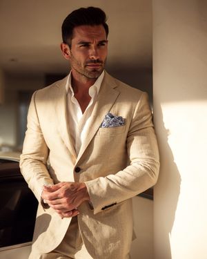 Beige Linen Suit with White Open-Collar Shirt