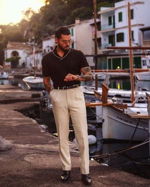 Sand Slacks with Black Polo Shirt