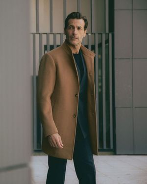 mens light grey funnel neck coat