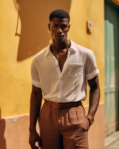 Unbuttoned White Shirt with Camel Trousers