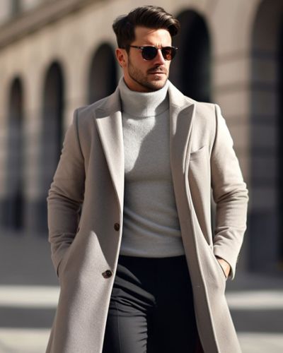 Beige Long Coat with Turtleneck Sweater