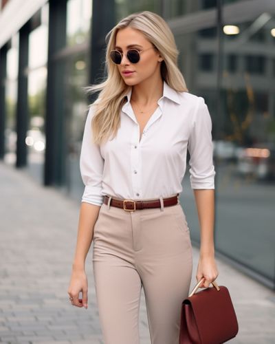 White Shirt with Beige High Waisted Pants