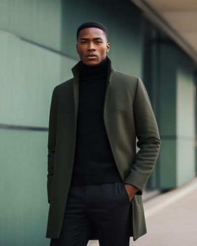 Green Funnel Neck Coat Outfit