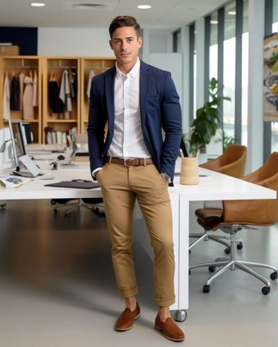 Navy Blue Blazer with Camel Rolled Up Chinos