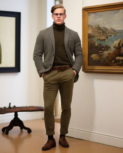 Rollkragen mit Tweed-Jacke für die Kunstgalerie