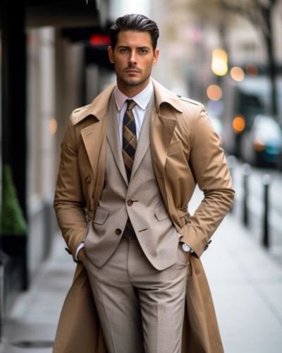 Brown Trench Coat with Beige Suit
