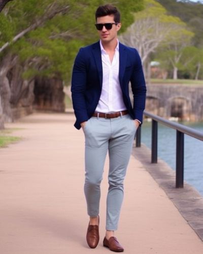 Navy Jacket with Sky Blue Chinos