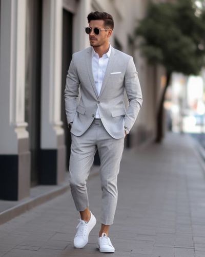 Grauer Anzug mit Weissen Sneakers