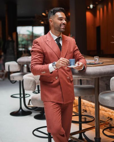Red Linen Suit with Chelsea Boots