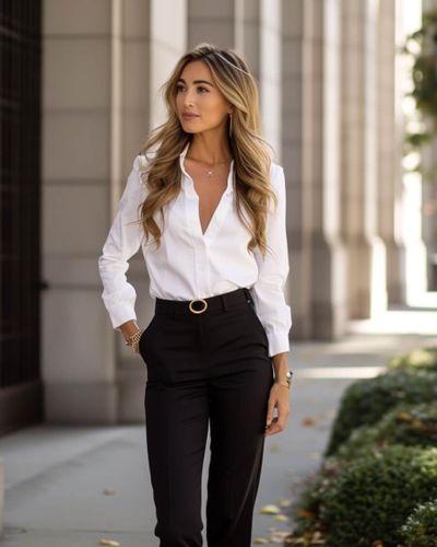 Women's White, Banded Collar, Long Sleeve Dress Shirt with Black Piping -  99tux