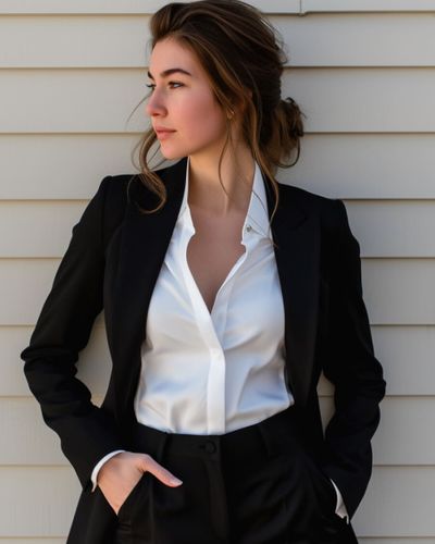 Black Pantsuit with White Shirt