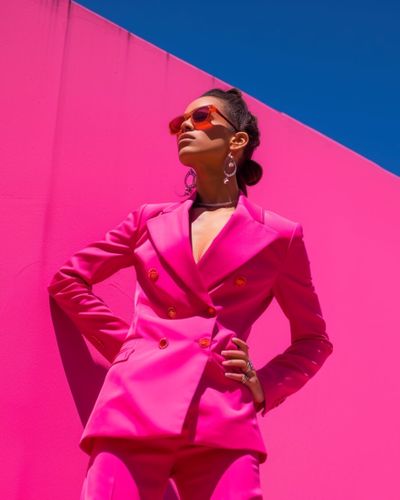Fuchsia Stretch Trouser suit with Sunglasses