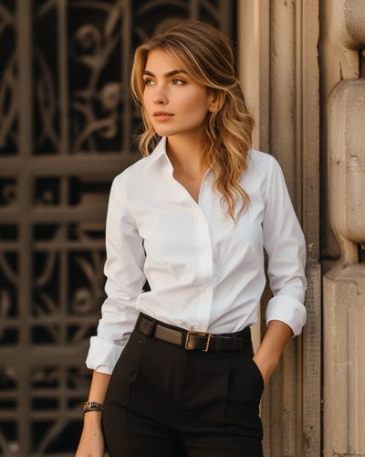 White Shirt with Black High Waisted Trousers