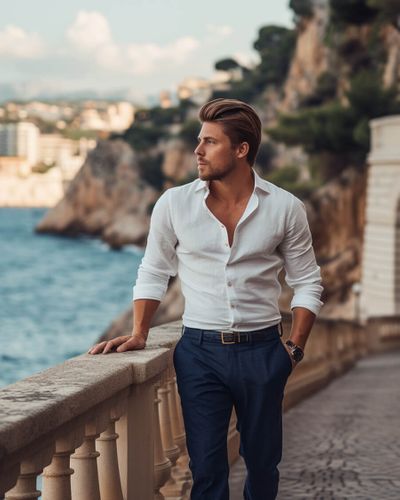 White Linen Shirt with Navy Pants | Hockerty