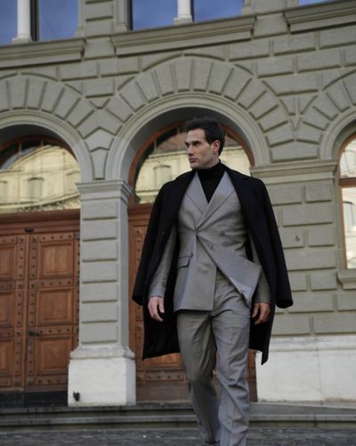 Sophisticated Graphite Suit with Black Overcoat