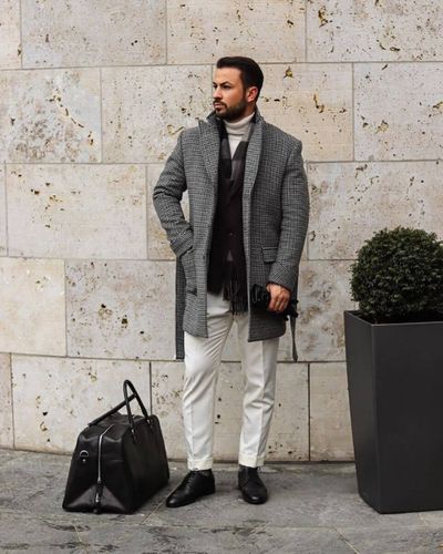 Checkered Grey Coat with White Wool Pants and white turtleneck | Hockerty