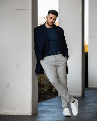 Navy Peacoat and Grey Chinos with White Sneakers | Hockerty