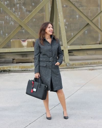 Gray Coat over Black and Red Wrap Dress